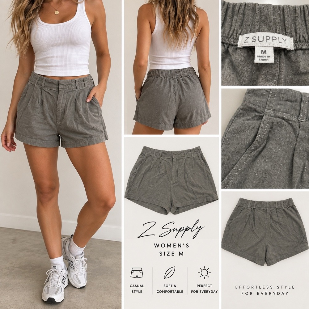Z Supply Womens Pleated Casual Shorts Charcoal Grey Elastic Back Size M